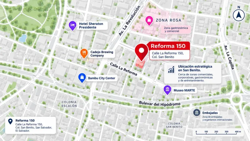Mapa interactivo de San Benito con REFORMA 150 y lugares cercanos